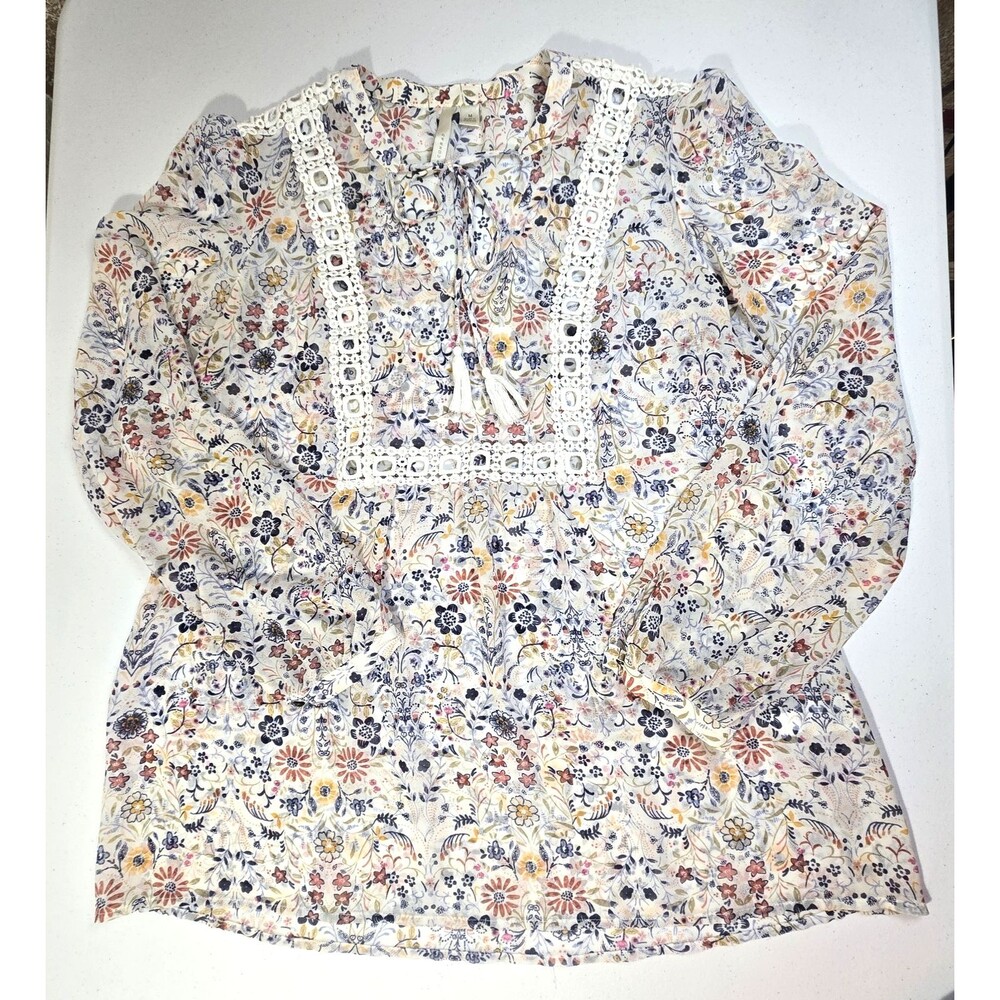 Lauren Conrad Womens Floral Sheer Peasant Blouse Tie Neck Crochet Detail Size M